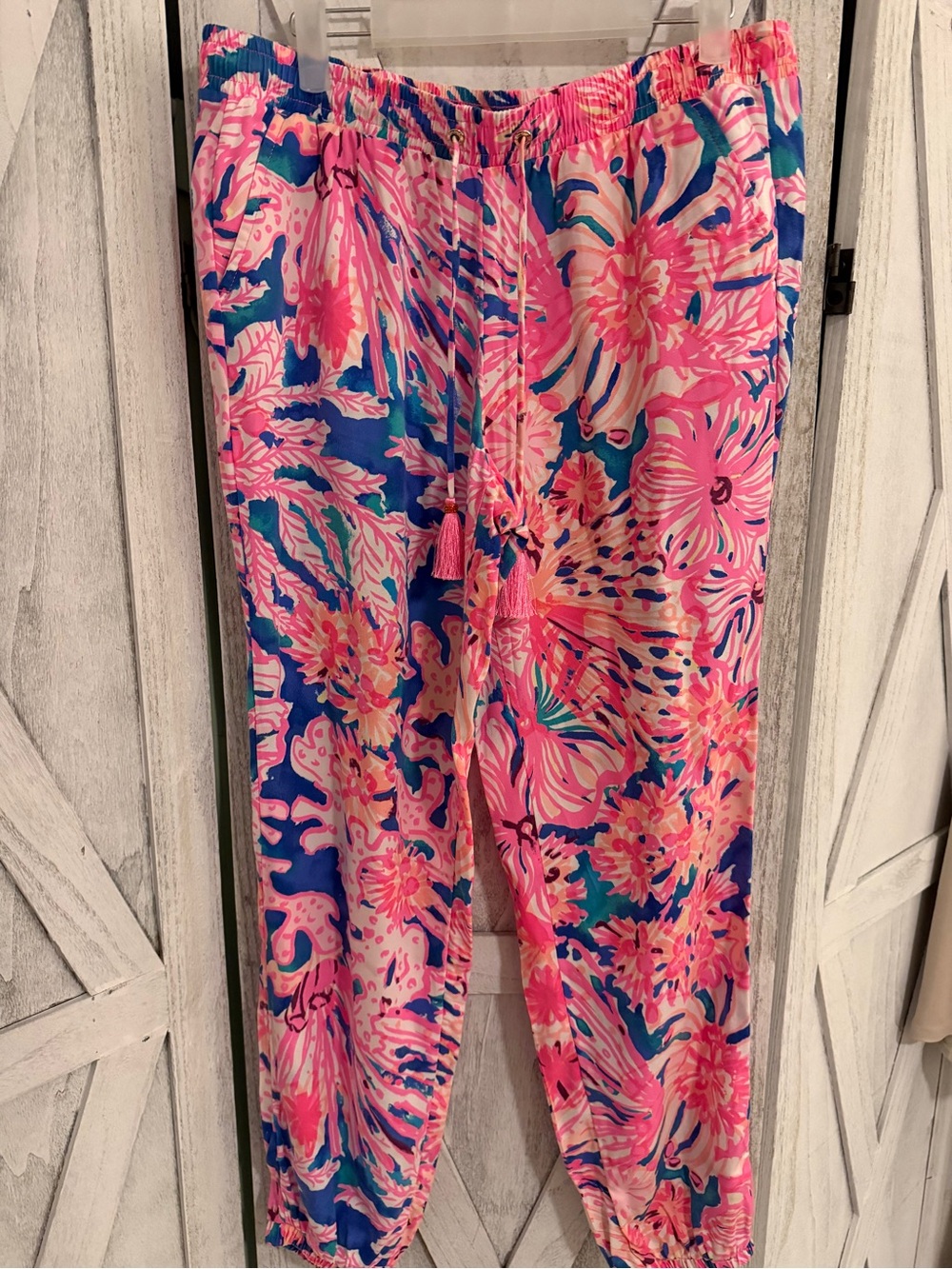 Lilly Pulitzer Pink, Blue & Cream Floral Pull-On Pants! Beautiful and NWOT Sz.L